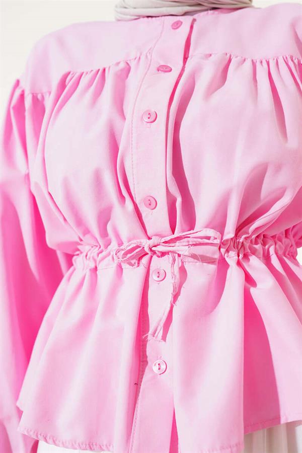 Waist Tunnel Pleated Short Shirt Pink