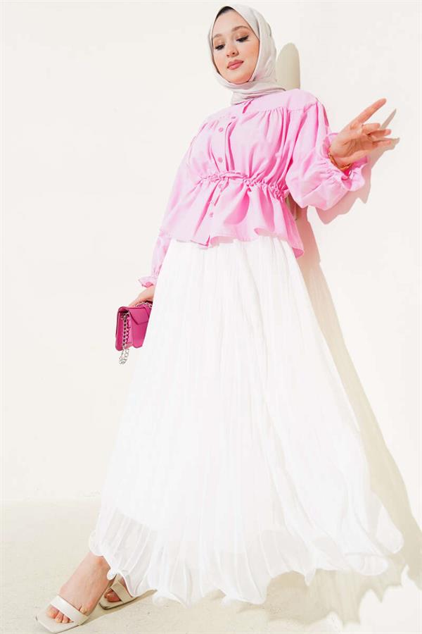 Waist Tunnel Pleated Short Shirt Pink