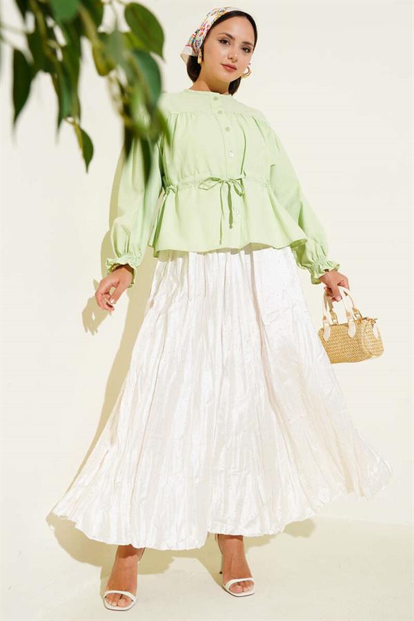 Pleated Short Shirt with Waist Tunnel, Aqua Green
