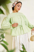 Pleated Short Shirt with Waist Tunnel, Aqua Green