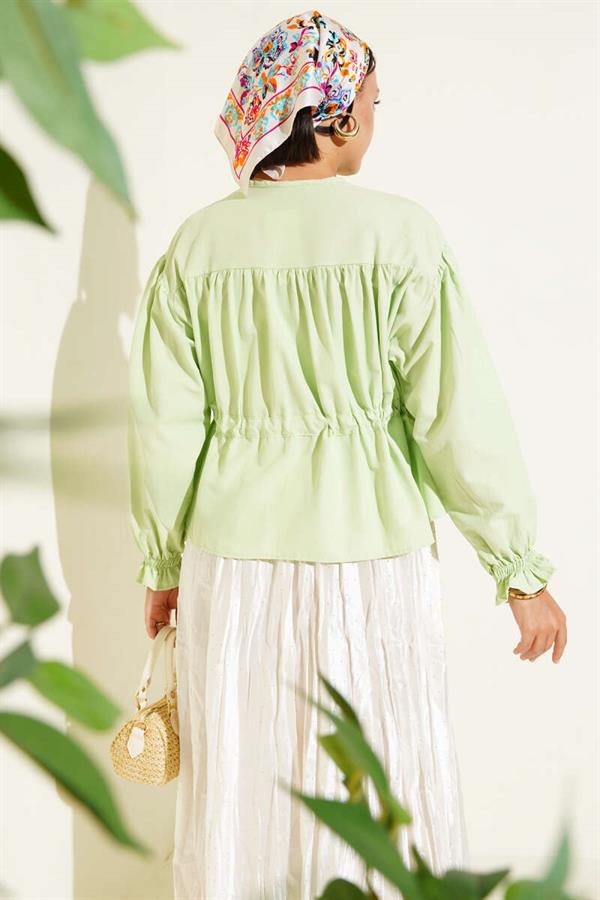 Pleated Short Shirt with Waist Tunnel, Aqua Green