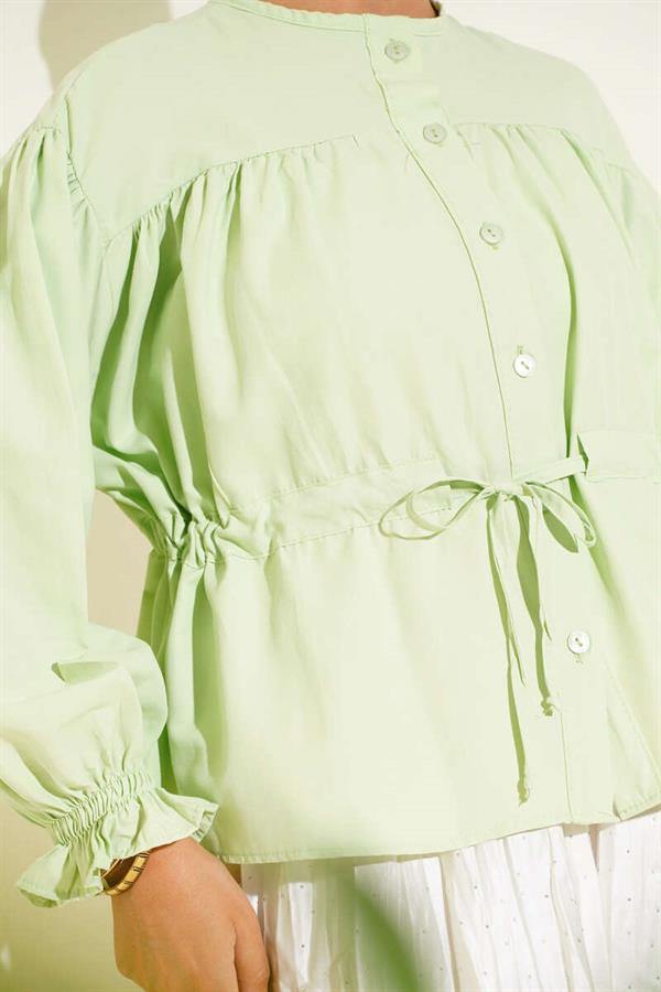 Pleated Short Shirt with Waist Tunnel, Aqua Green