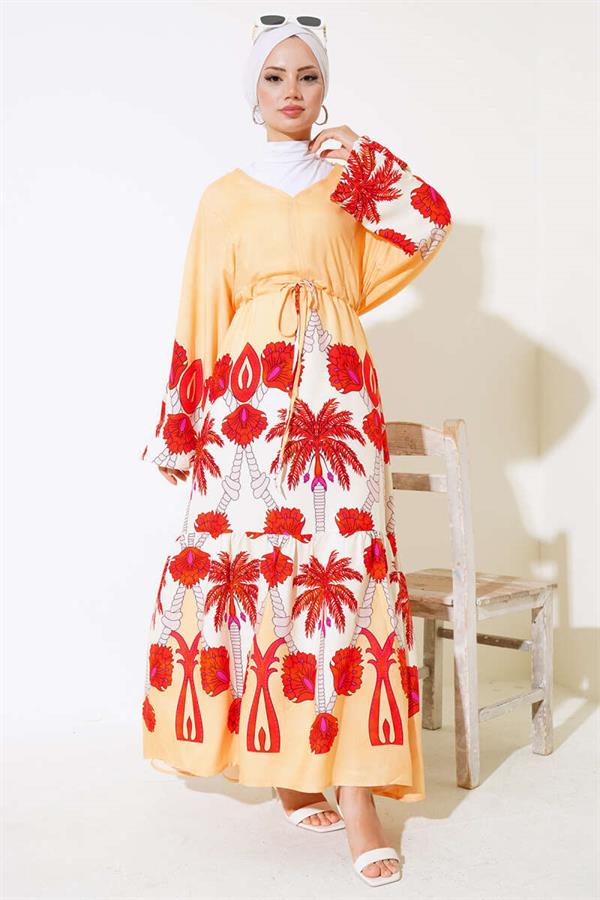 Waist Tunnel Casual Dress Mustard Brick
