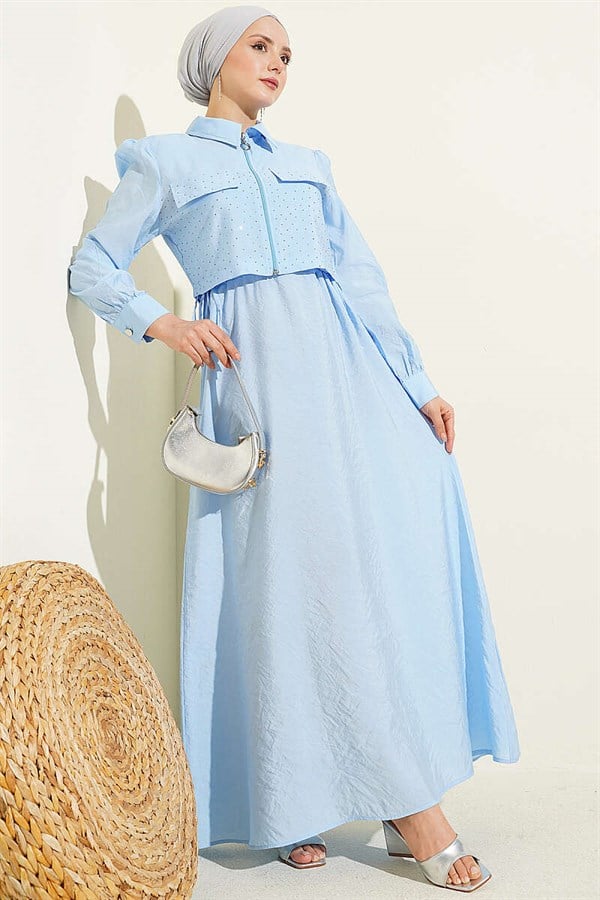 Waist Tunnel Embellished Jacket and Vest Set, Baby Blue