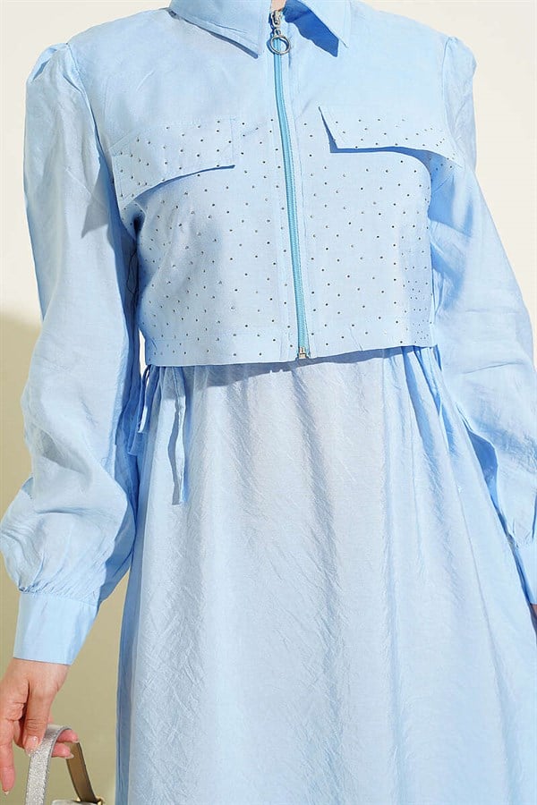Waist Tunnel Embellished Jacket and Vest Set, Baby Blue