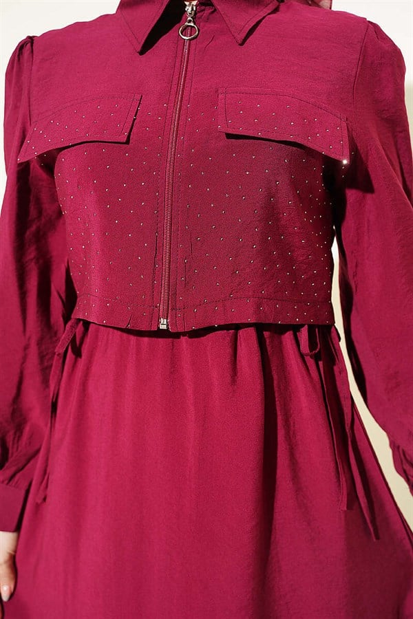 Waist Tunnel Embellished Jacket Vest Set in Burgundy