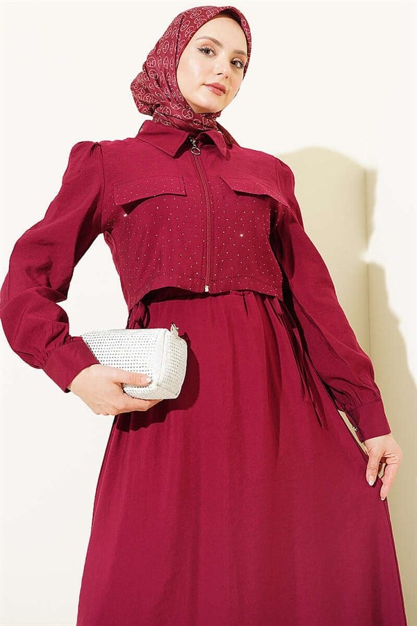 Waist Tunnel Embellished Jacket Vest Set in Burgundy