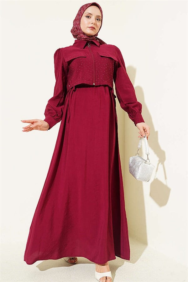 Waist Tunnel Embellished Jacket Vest Set in Burgundy