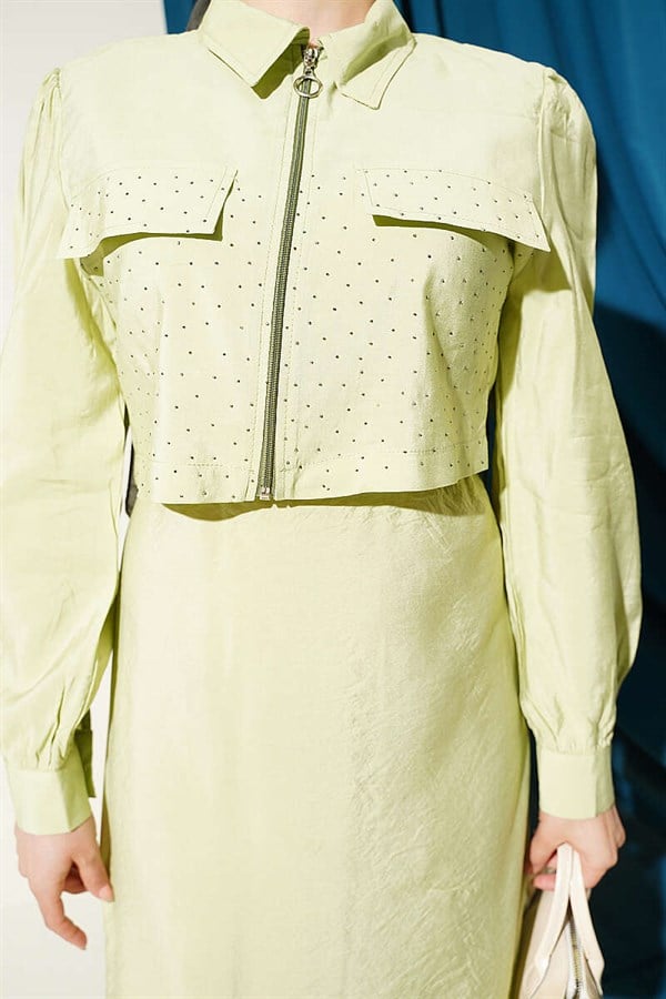Waist Tunnel Embellished Jacket and Vest Set in Pistachio Green