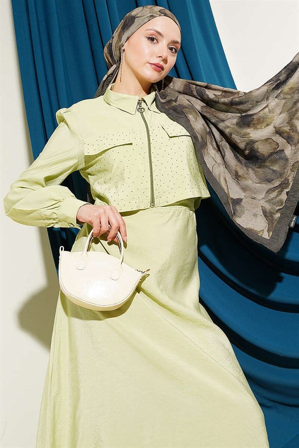 Waist Tunnel Embellished Jacket and Vest Set in Pistachio Green