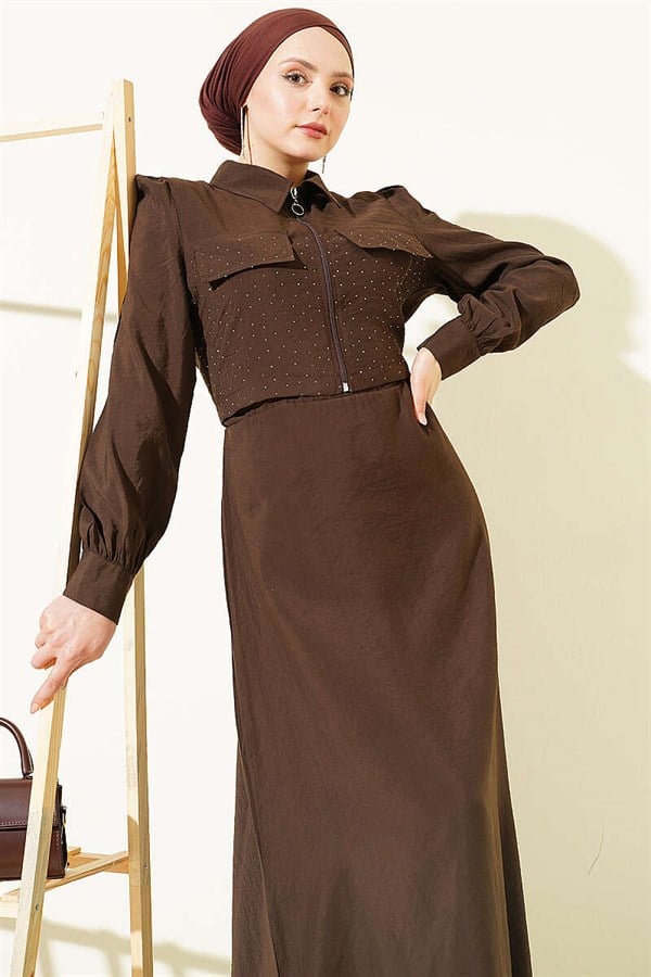 Waist Tunnel Embellished Jacket Vest Set in Coffee Brown