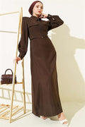 Waist Tunnel Embellished Jacket Vest Set in Coffee Brown