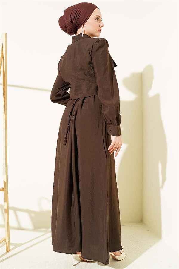 Waist Tunnel Embellished Jacket Vest Set in Coffee Brown