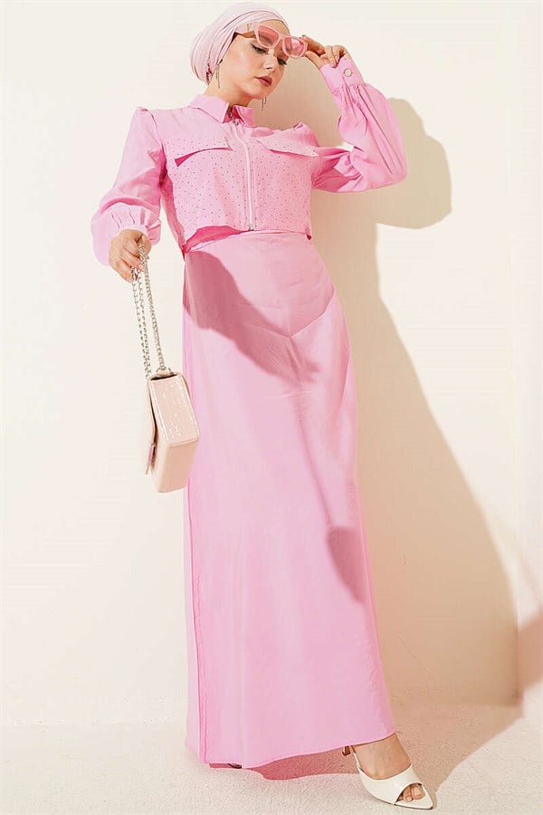 Pink Vest Set with Embellished Waistline and Jacket
