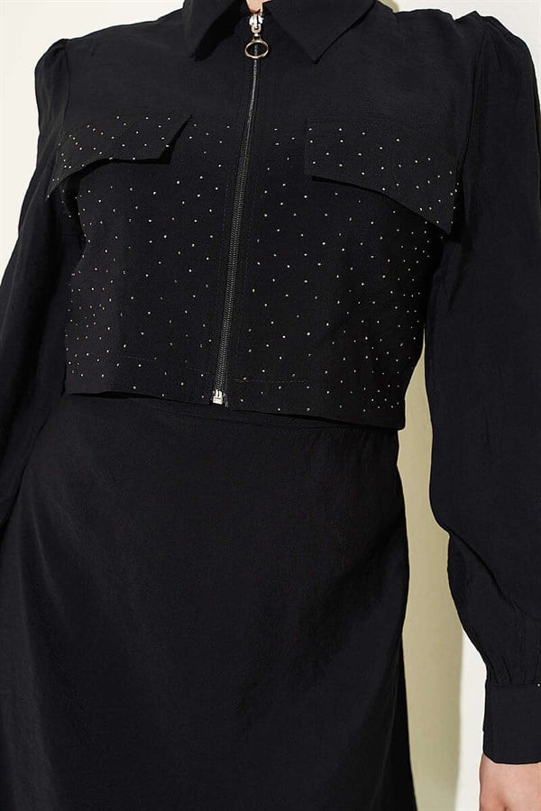 Waist Tunnel Embellished Jacket Vest Set Black