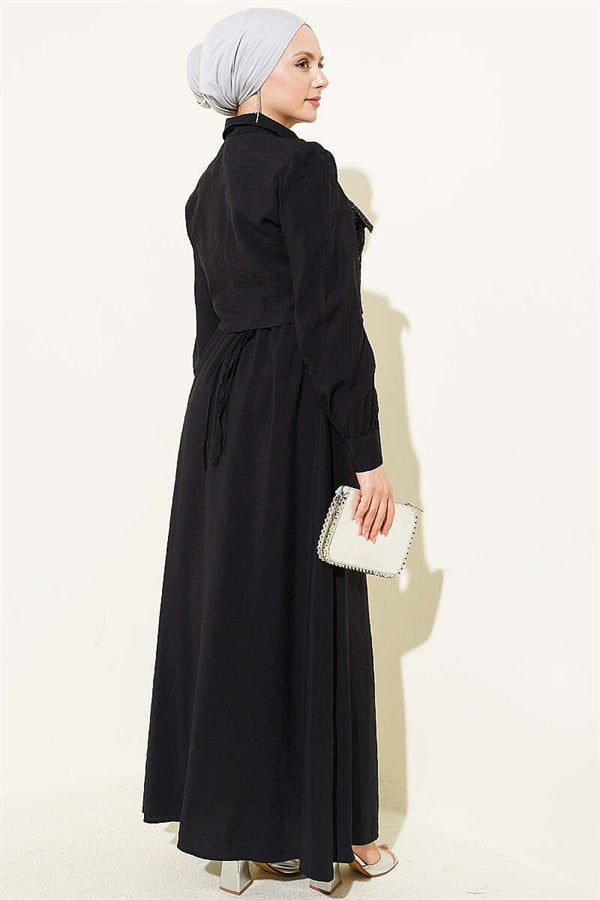 Waist Tunnel Embellished Jacket Vest Set Black