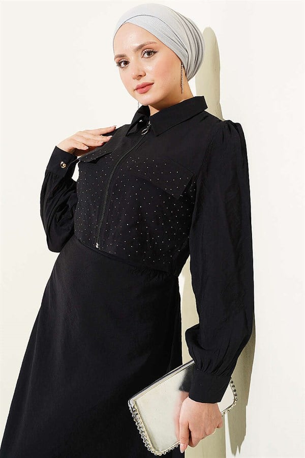 Waist Tunnel Embellished Jacket Vest Set Black