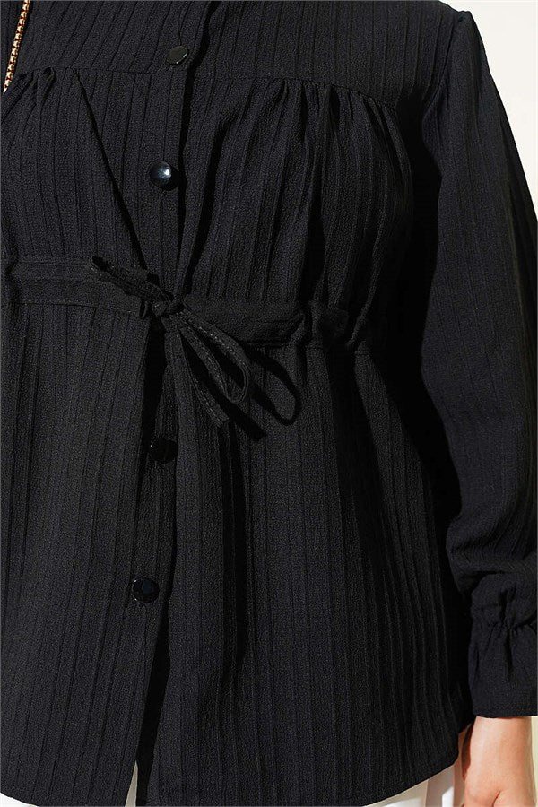 Belted Collar Gathered Shirt Black