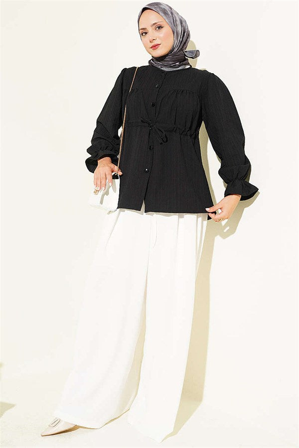 Belted Collar Gathered Shirt Black