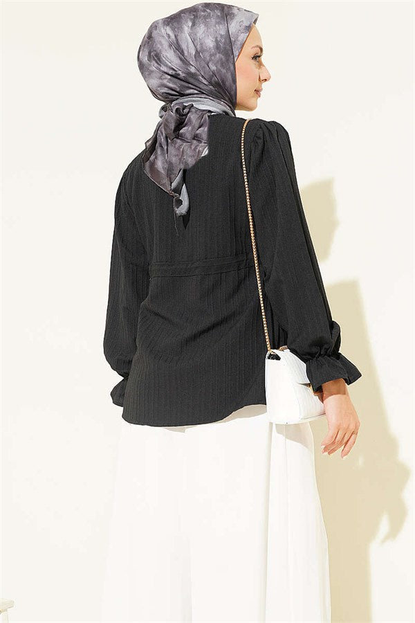 Belted Collar Gathered Shirt Black