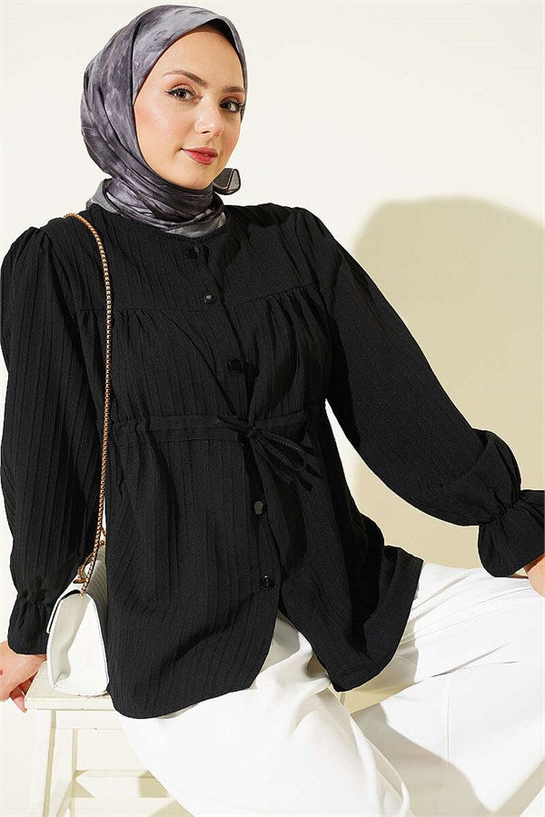 Belted Collar Gathered Shirt Black