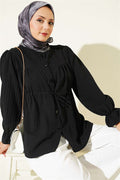 Belted Collar Gathered Shirt Black