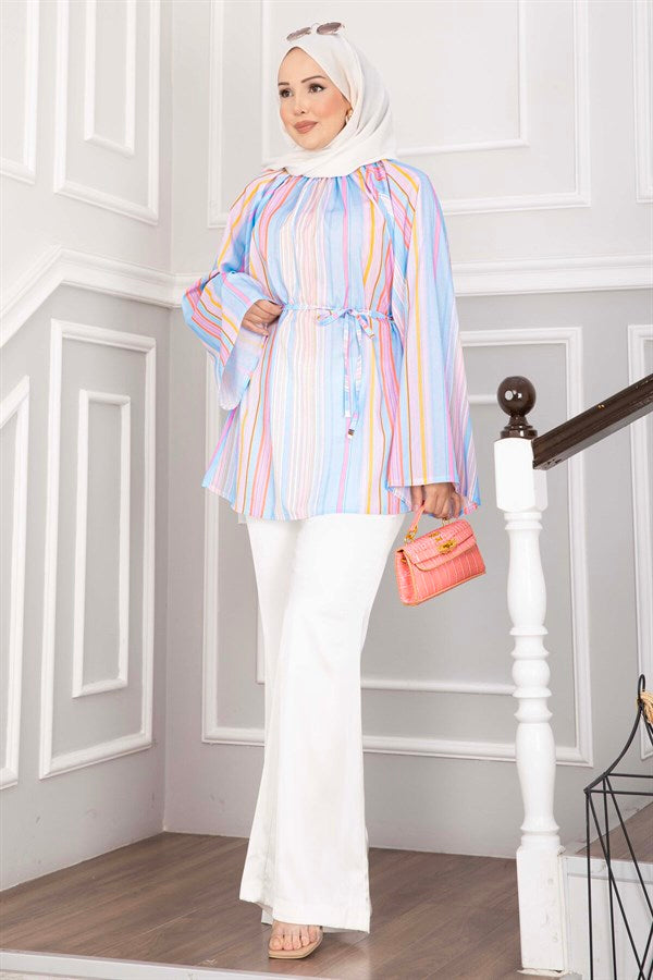 Tunic with Belted Waist, Contemporary Pattern, Skirt and Pants Set, Baby Blue