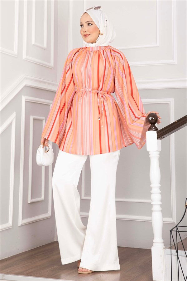 Tunic with Belted Waist, Stylish Design, Suitable for Skirts and Pants, Salmon