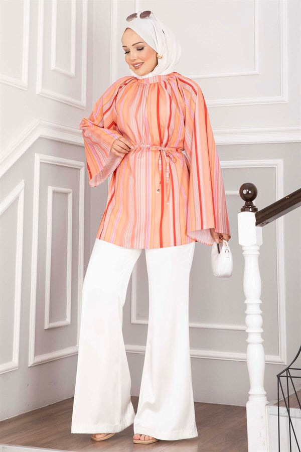 Tunic with Belted Waist, Stylish Design, Suitable for Skirts and Pants, Salmon