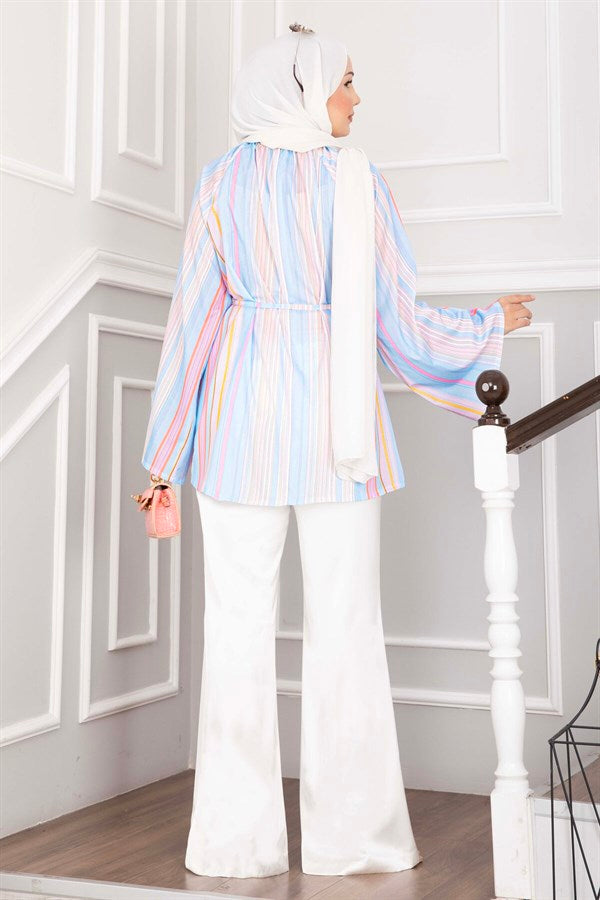 Tunic with Belted Waist, Contemporary Pattern, Skirt and Pants Set, Baby Blue