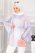 Tunic with Belted Waist, Contemporary Pattern, Skirt and Pants Set, Baby Blue