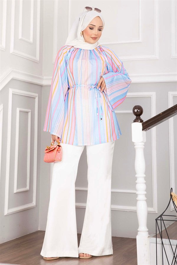 Tunic with Belted Waist, Contemporary Pattern, Skirt and Pants Set, Baby Blue