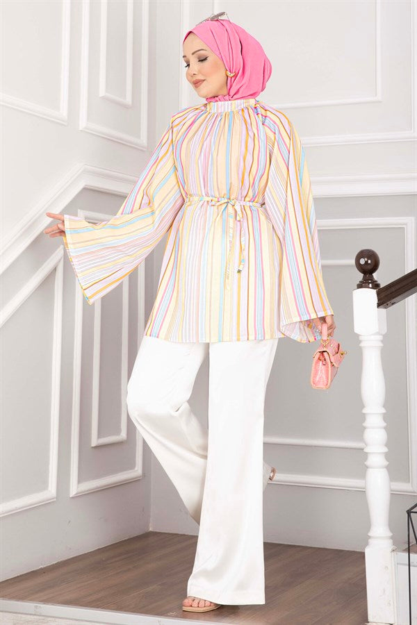 Belted Waist Tunic, Trendy Design, Skirt and Trouser Top, Yellow