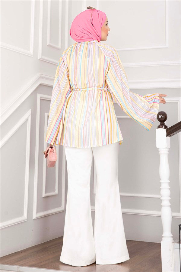 Belted Waist Tunic, Trendy Design, Skirt and Trouser Top, Yellow