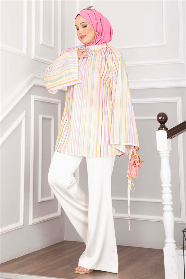 Belted Waist Tunic, Trendy Design, Skirt and Trouser Top, Yellow