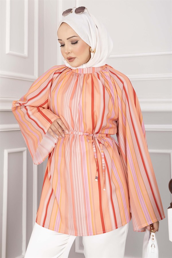 Tunic with Belted Waist, Stylish Design, Suitable for Skirts and Pants, Salmon