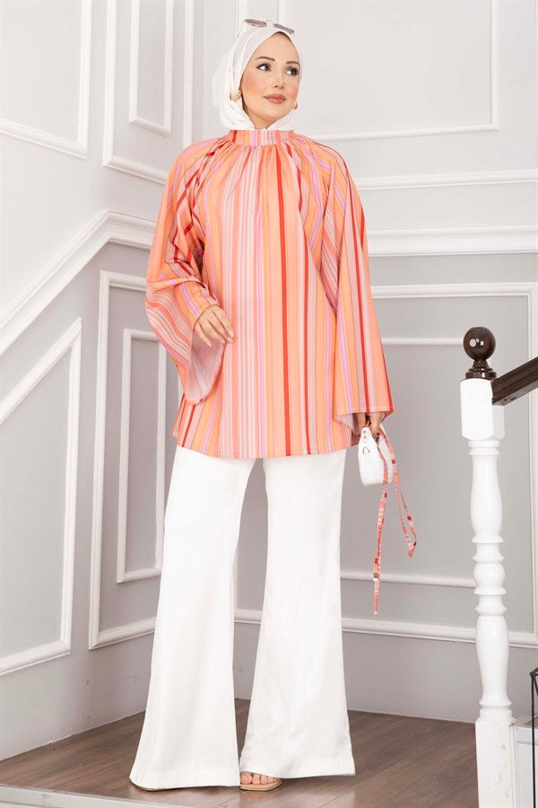 Tunic with Belted Waist, Stylish Design, Suitable for Skirts and Pants, Salmon