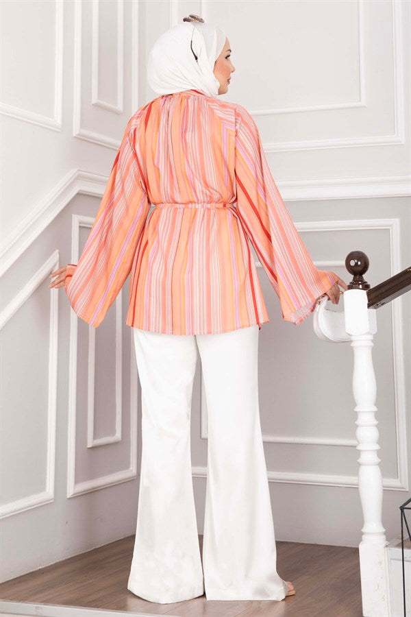 Tunic with Belted Waist, Stylish Design, Suitable for Skirts and Pants, Salmon
