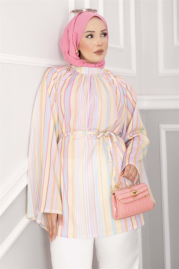 Belted Waist Tunic, Trendy Design, Skirt and Trouser Top, Yellow