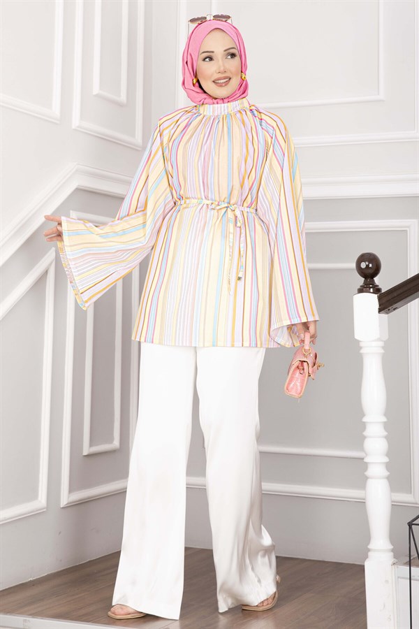 Belted Waist Tunic, Trendy Design, Skirt and Trouser Top, Yellow