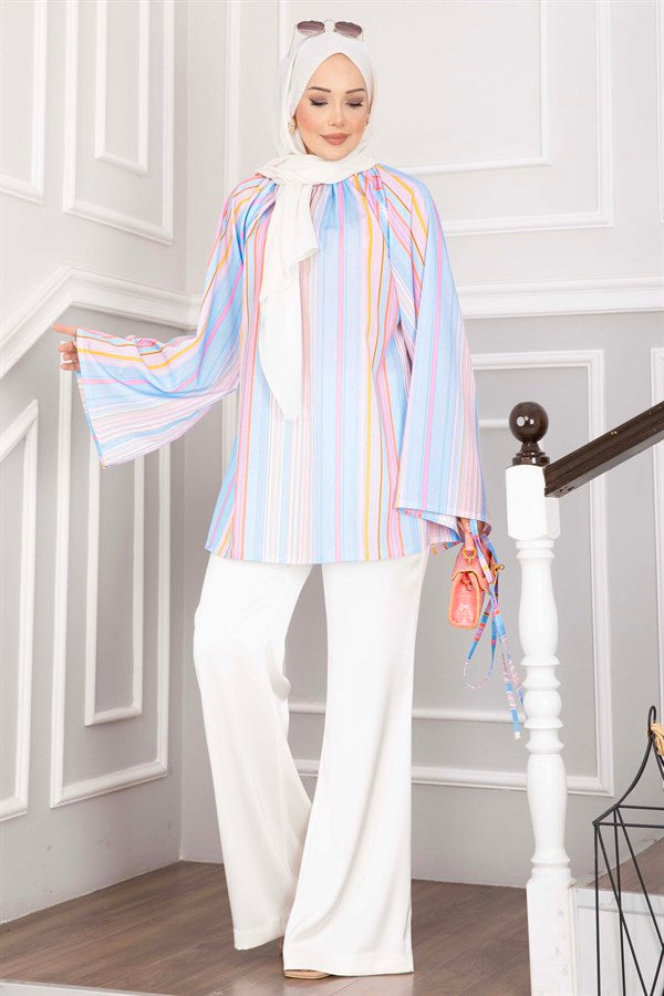 Tunic with Belted Waist, Contemporary Pattern, Skirt and Pants Set, Baby Blue