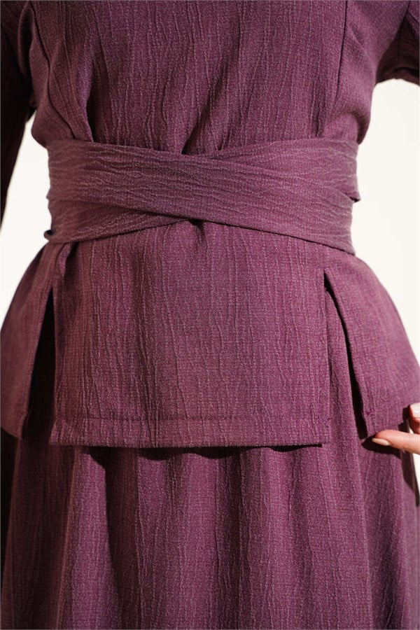 2 Piece Set with tie-waist detail skirt, plum color.
