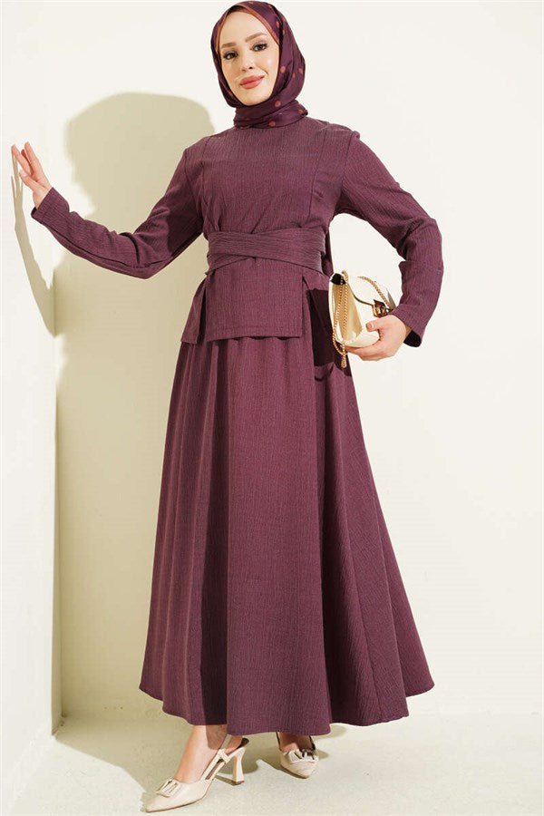 2 Piece Set with tie-waist detail skirt, plum color.