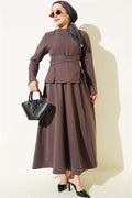 2 Piece Set with tie-waist detail skirt, coffee color.