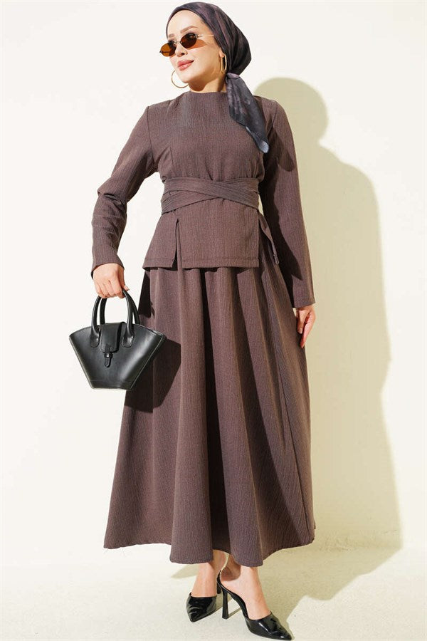 2 Piece Set with tie-waist detail skirt, coffee color.