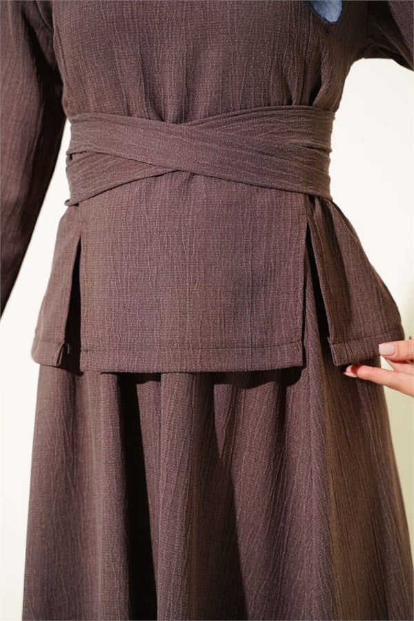 2 Piece Set with tie-waist detail skirt, coffee color.