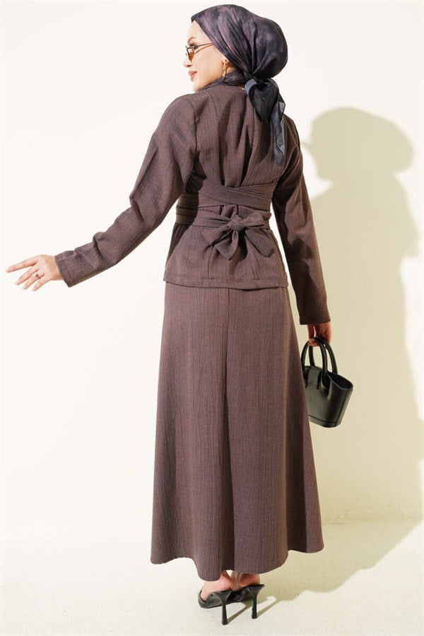 2 Piece Set with tie-waist detail skirt, coffee color.