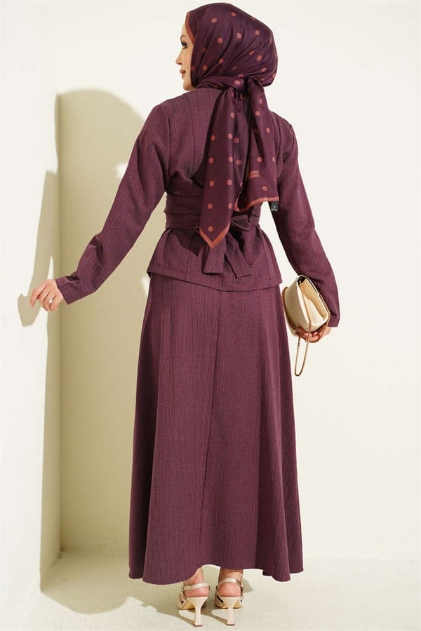 2 Piece Set with tie-waist detail skirt, plum color.
