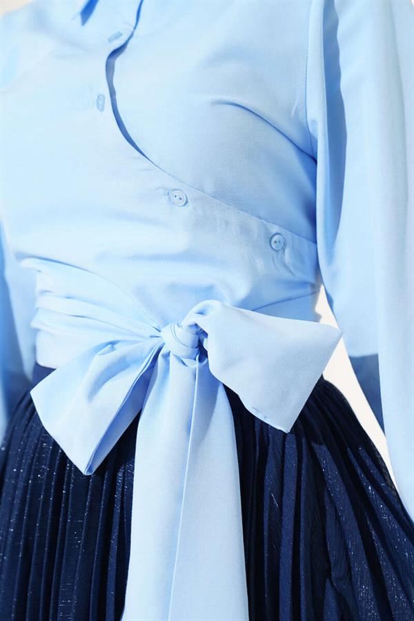 Waist Tie Detail Short Shirt Baby Blue