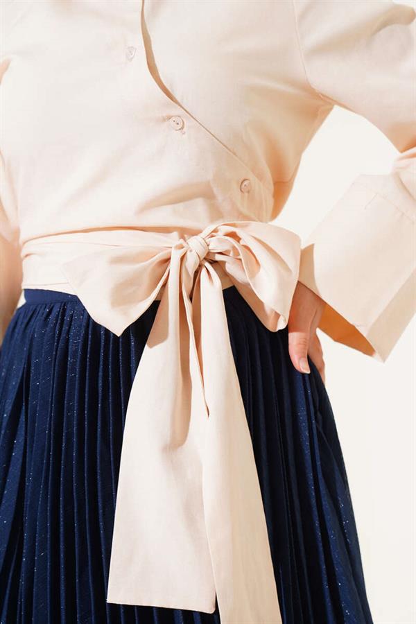 Waist Tie Detail Short Shirt Beige